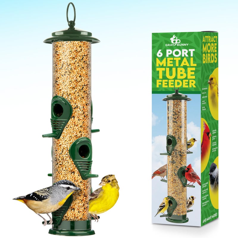 Gray Bunny Bird Feeders for Outdoors (Green) Squirrel Proof Hanging Bird Feeder with Locking Lid & Adjustable Hanger, Chew-Proof, Weather Resistant 15 Inches 6 Port - Image 1